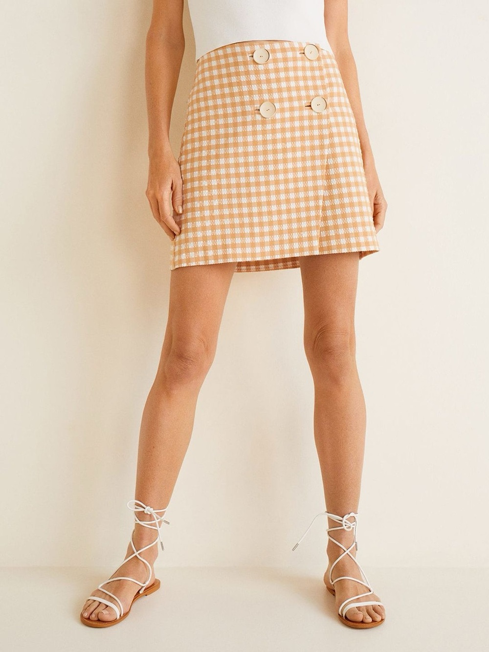 Mango Orange Beige & White Checked Mini Wrap Skirt Size S / XS